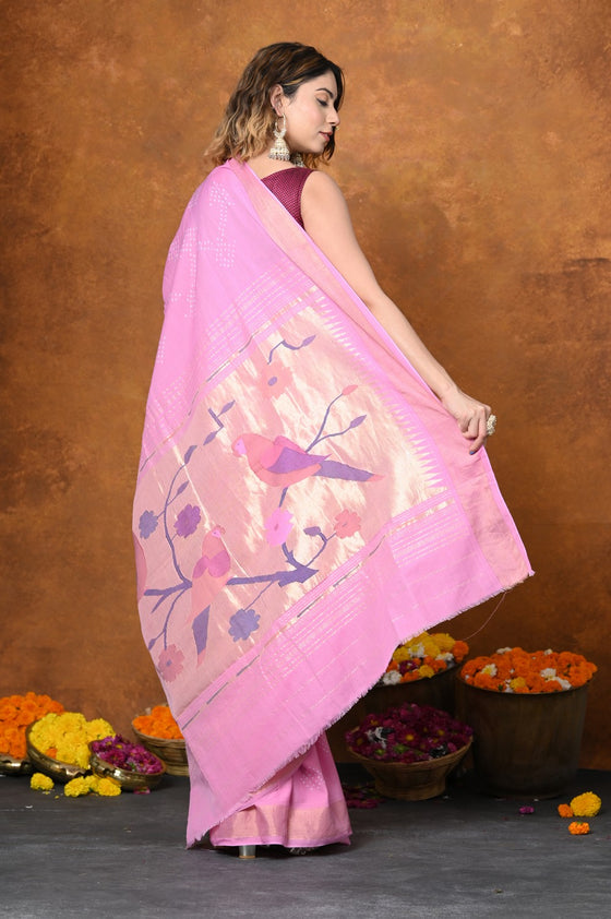 EXCLUSIVE! Handloom Pure Cotton Paithani With Handbandhani Work and Traditional Parrot Pallu