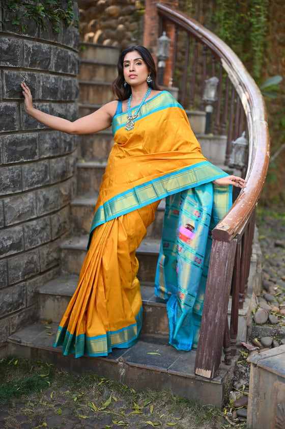 Rang Mahal ~ Handloom Pure Silk Maharani Paithani in Mustard Yellow with Blue (With Silk Mark)