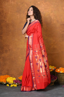  EXCLUSIVE! Handloom Pure Cotton Paithani With Narayali Border & Traditional Heritage Asawali Pallu~Red