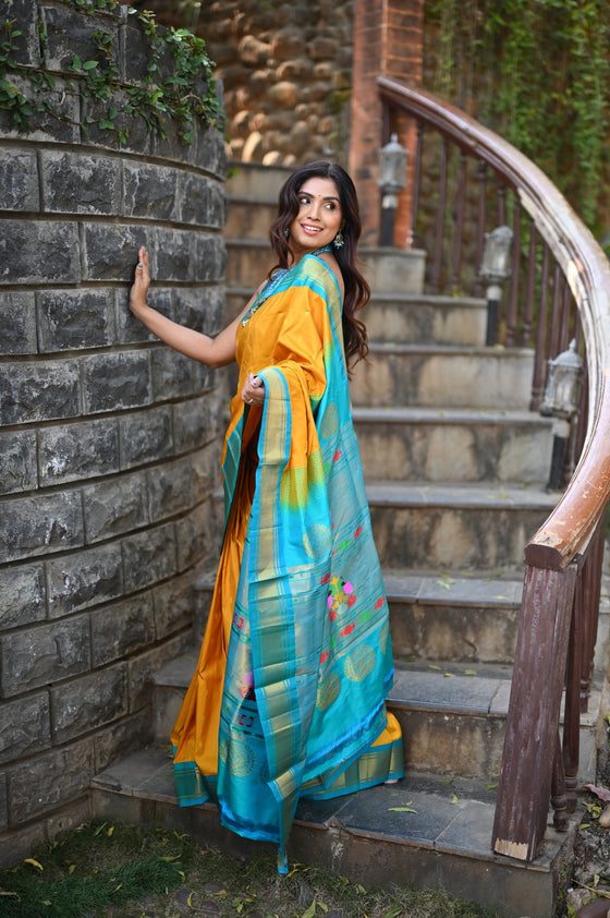 Rang Mahal ~ Handloom Pure Silk Maharani Paithani in Mustard Yellow with Blue (With Silk Mark)