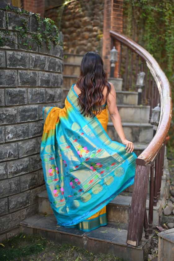 Rang Mahal ~ Handloom Pure Silk Maharani Paithani in Mustard Yellow with Blue (With Silk Mark)