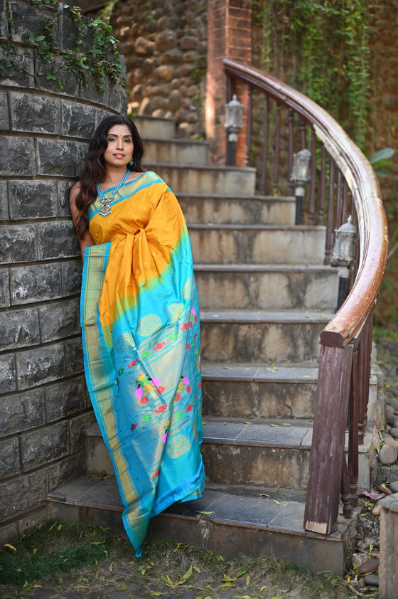 Rang Mahal ~ Handloom Pure Silk Maharani Paithani in Mustard Yellow with Blue (With Silk Mark)