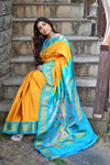Rang Mahal ~ Handloom Pure Silk Maharani Paithani in Mustard Yellow with Blue (With Silk Mark)