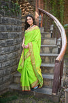 Rang Mahal ~ Handloom Pure Cotton Paithani in Lime Green with Asawali Pallu