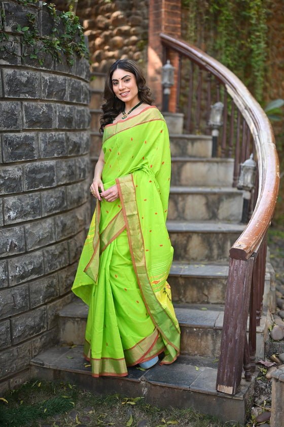Rang Mahal ~ Handloom Pure Cotton Paithani in Lime Green with Asawali Pallu