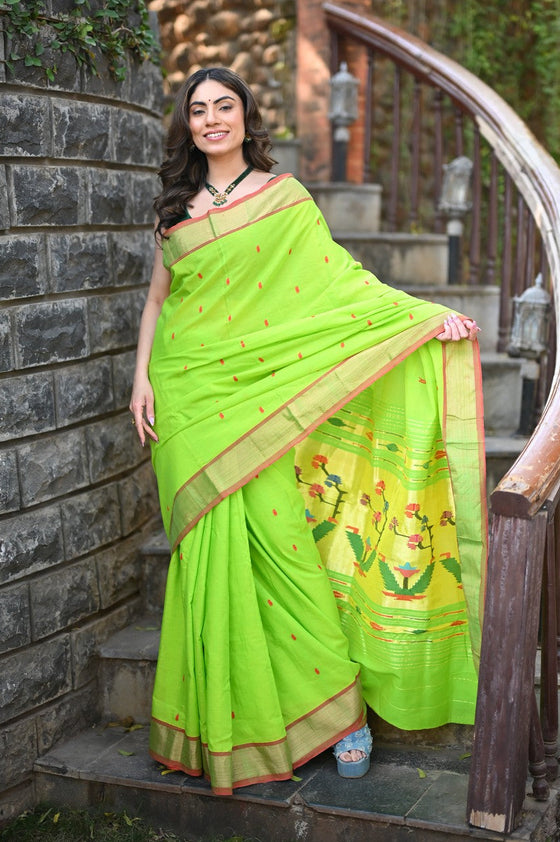 Rang Mahal ~ Handloom Pure Cotton Paithani in Lime Green with Asawali Pallu