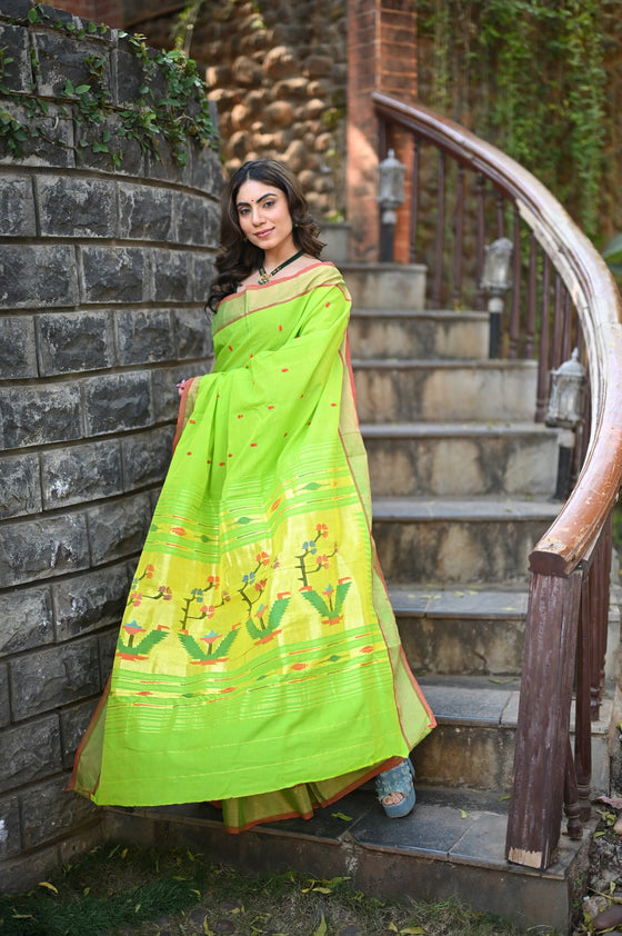 Rang Mahal ~ Handloom Pure Cotton Paithani in Lime Green with Asawali Pallu