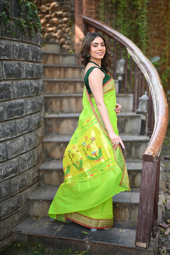 Rang Mahal ~ Handloom Pure Cotton Paithani in Lime Green with Asawali Pallu
