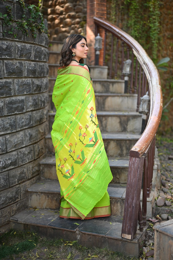 Rang Mahal ~ Handloom Pure Cotton Paithani in Lime Green with Asawali Pallu