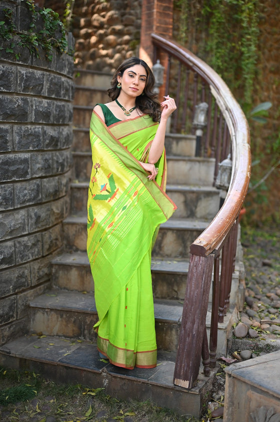 Rang Mahal ~ Handloom Pure Cotton Paithani in Lime Green with Asawali Pallu