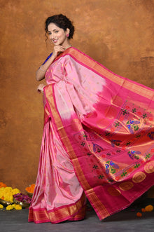  BestSeller ~ Exclusive Handloom Pure Silk Maharani Paithani With Contrast Pallu~ Light Pink with Bright Pink Contrast