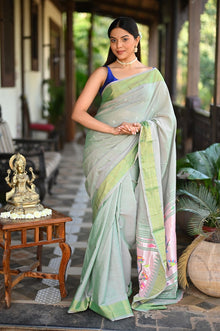  Rang Mahal ~ Handloom Pure Cotton Paithani in Slaked Green with Asawali Pallu