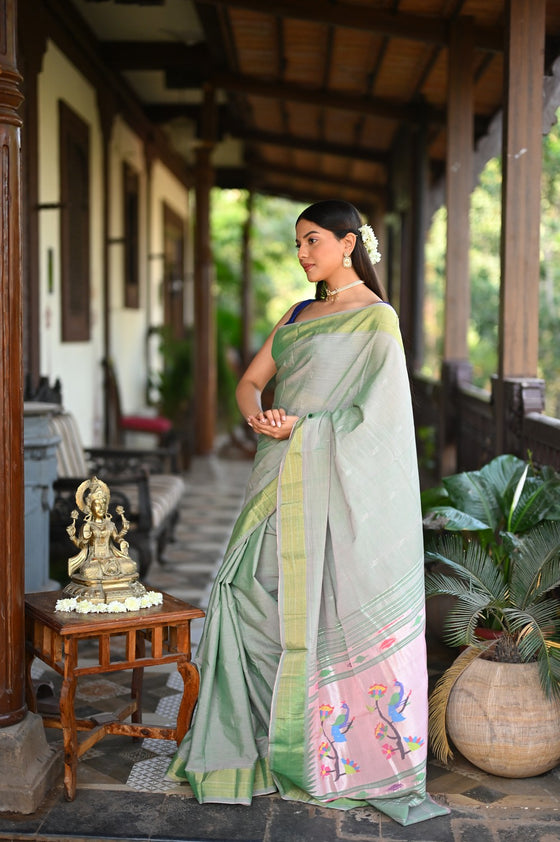 Rang Mahal ~ Handloom Pure Cotton Paithani in Slaked Green with Asawali Pallu