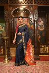 Authentic High Quality Pure Silk Paithani With Most Traditional Double Pallu~ Dark Navy Blue