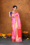 Exclusive Designed By VMI~Handloom Pure Silk Muniya Border Saree With Classy Nath Pallu ~ Firozi Pink