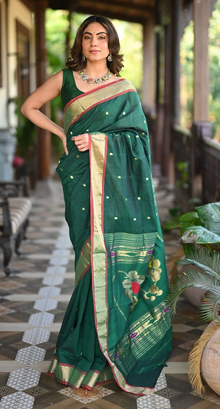  Rang Mahal ~ Handloom Pure Cotton Paithani in Dark Green with Nath Pallu