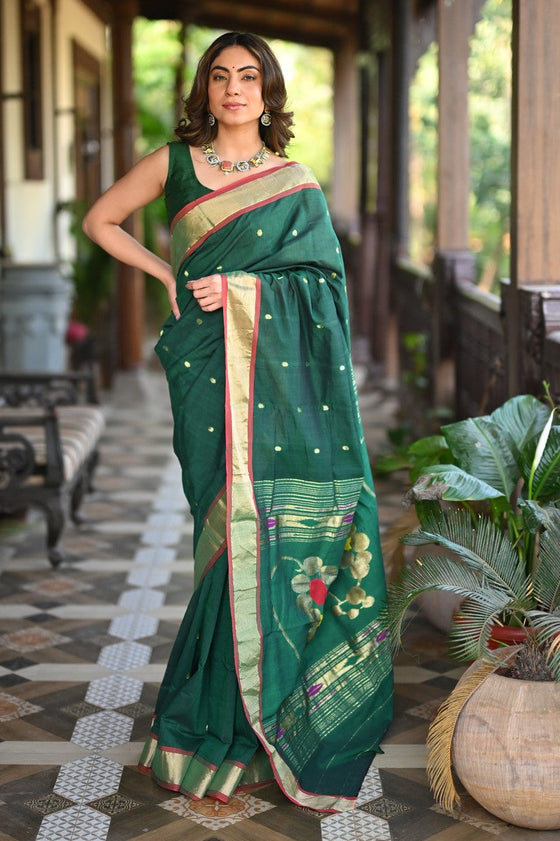 Rang Mahal ~ Handloom Pure Cotton Paithani in Dark Green with Nath Pallu