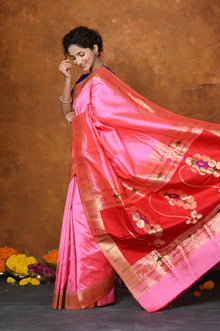  Exclusive Designed By VMI~Handloom Pure Silk Muniya Border Saree With Classy Nath Pallu ~ Firozi Pink