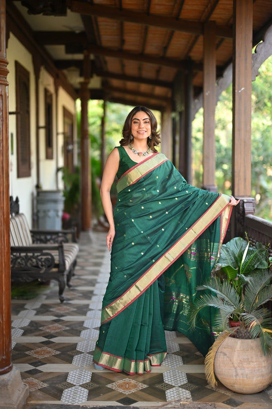 Rang Mahal ~ Handloom Pure Cotton Paithani in Dark Green with Nath Pallu