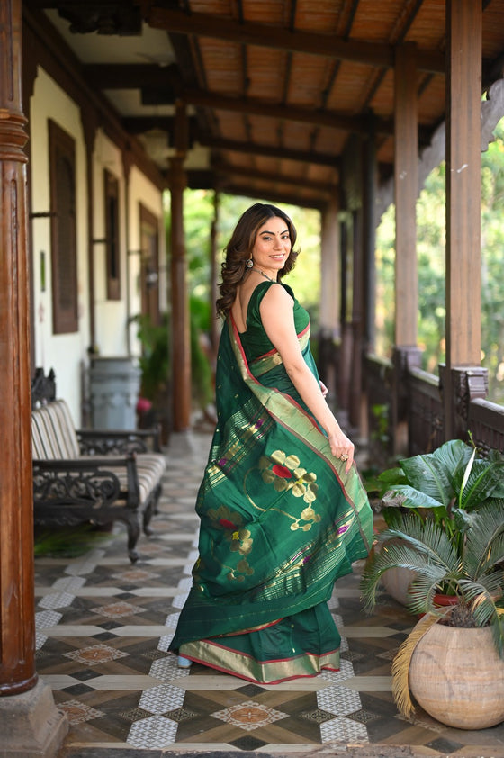 Rang Mahal ~ Handloom Pure Cotton Paithani in Dark Green with Nath Pallu