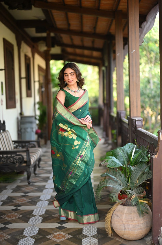 Rang Mahal ~ Handloom Pure Cotton Paithani in Dark Green with Nath Pallu