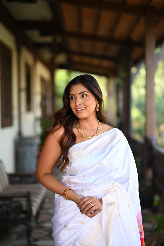 Rang Mahal ~ Handloom Pure Silk Paithani Saree with Parrot Pallu in Pearl White (With Silk Mark)