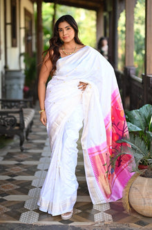  Rang Mahal ~ Handloom Pure Silk Paithani Saree with Parrot Pallu in Pearl White (With Silk Mark)