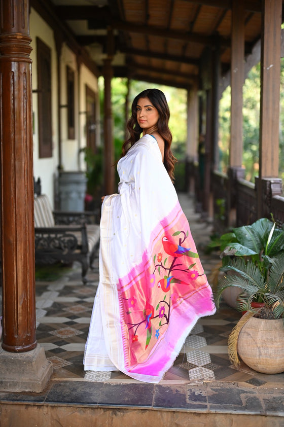 Rang Mahal ~ Handloom Pure Silk Paithani Saree with Parrot Pallu in Pearl White (With Silk Mark)