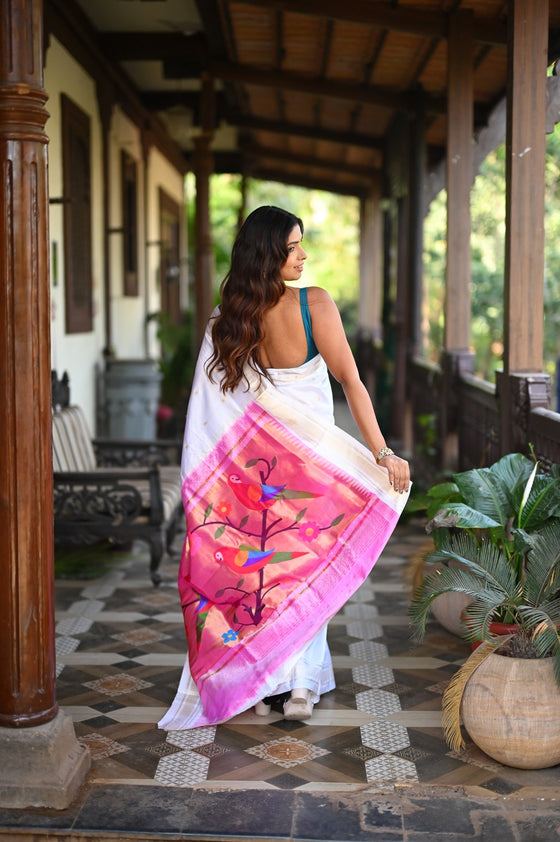 Rang Mahal ~ Handloom Pure Silk Paithani Saree with Parrot Pallu in Pearl White (With Silk Mark)