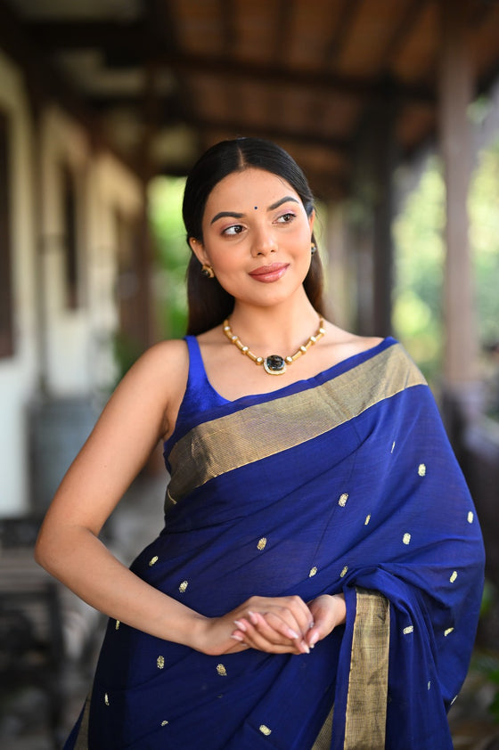 Rang Mahal ~ Handloom Pure Cotton Paithani in Regal Dark Blue with Oldest Asawali Pallu