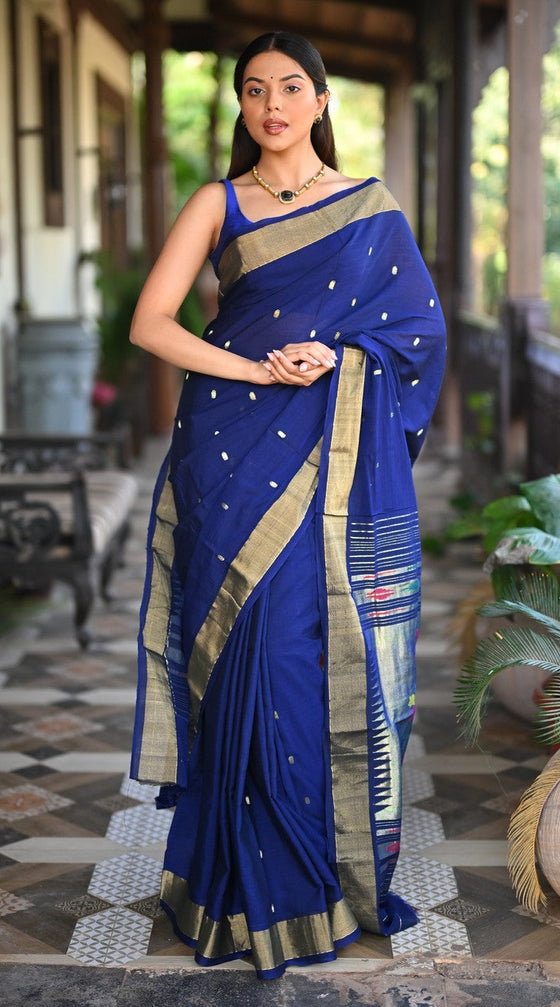 Rang Mahal ~ Handloom Pure Cotton Paithani in Regal Dark Blue with Oldest Asawali Pallu