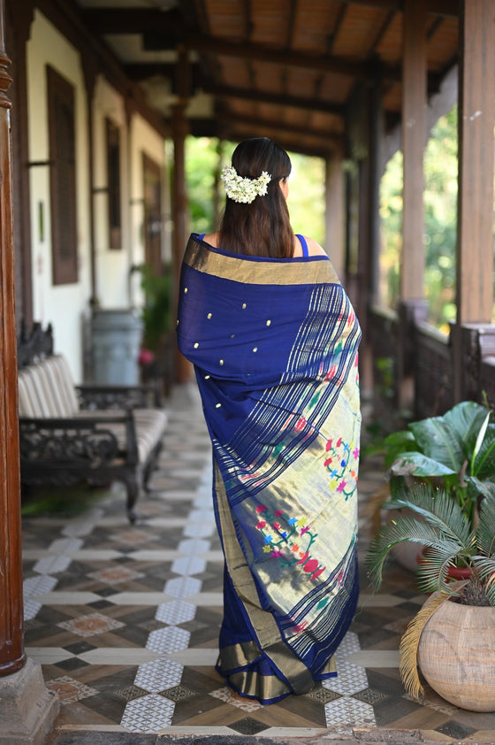 Rang Mahal ~ Handloom Pure Cotton Paithani in Regal Dark Blue with Oldest Asawali Pallu
