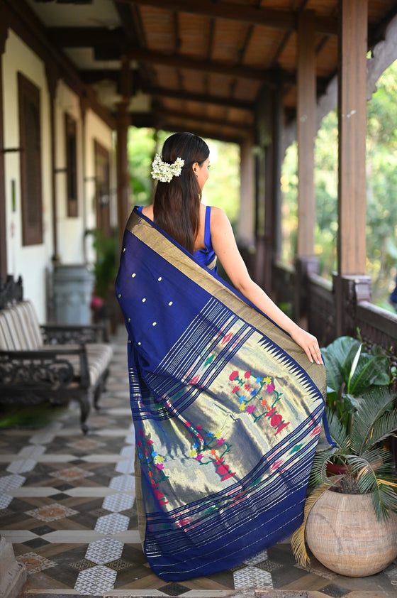 Rang Mahal ~ Handloom Pure Cotton Paithani in Regal Dark Blue with Oldest Asawali Pallu