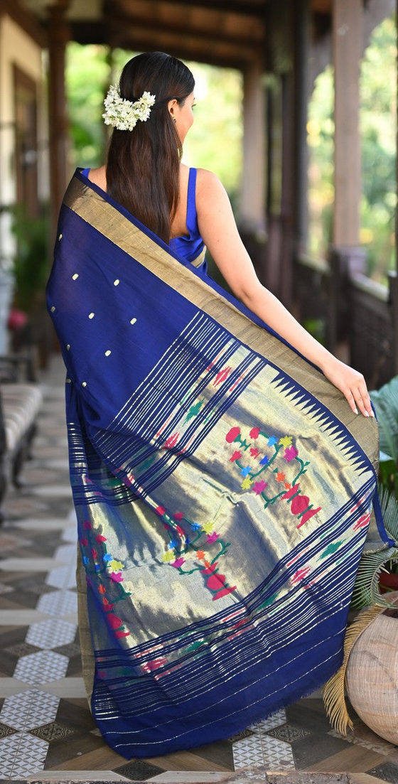 Rang Mahal ~ Handloom Pure Cotton Paithani in Regal Dark Blue with Oldest Asawali Pallu