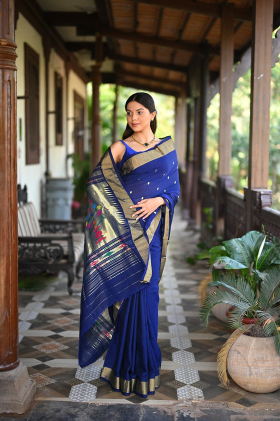 Rang Mahal ~ Handloom Pure Cotton Paithani in Regal Dark Blue with Oldest Asawali Pallu