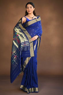  Rang Mahal ~ Handloom Pure Cotton Paithani in Regal Dark Blue with Oldest Asawali Pallu