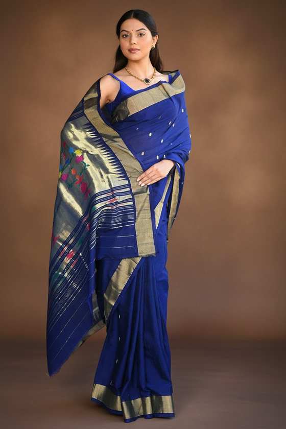Rang Mahal ~ Handloom Pure Cotton Paithani in Regal Dark Blue with Oldest Asawali Pallu