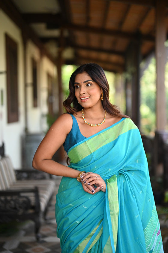 Rang Mahal ~ Handloom Pure Cotton Paithani in Turquoise Blue with Oldest Asawali Pallu