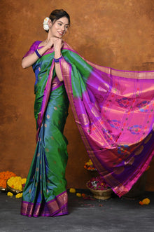  Exclusive Handloom Pure Silk Maharani Paithani With Contrast Pallu~ Dual Tone Blue Green