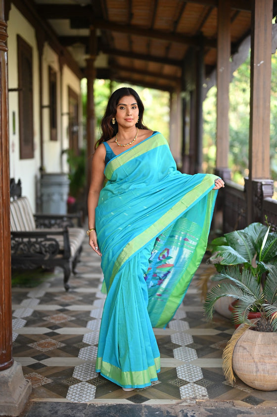 Rang Mahal ~ Handloom Pure Cotton Paithani in Turquoise Blue with Oldest Asawali Pallu