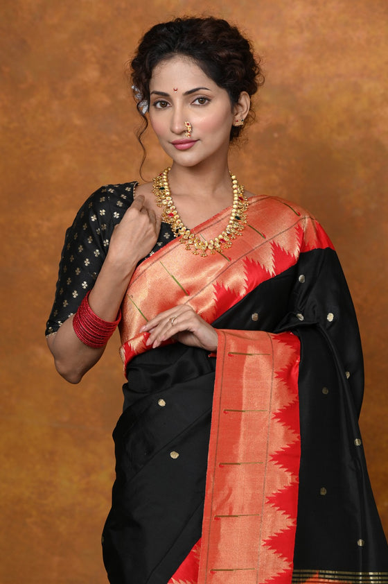 Premium ~ Handloom Pure Silk Zari Temple Border Saree With Handcrafted Peacock Pallu - Black