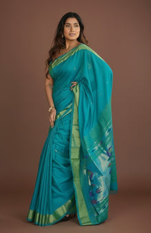  Rang Mahal ~ Handloom Pure Cotton Paithani in Turquoise Blue with Oldest Asawali Pallu