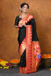 Premium ~ Handloom Pure Silk Zari Temple Border Saree With Handcrafted Peacock Pallu - Black