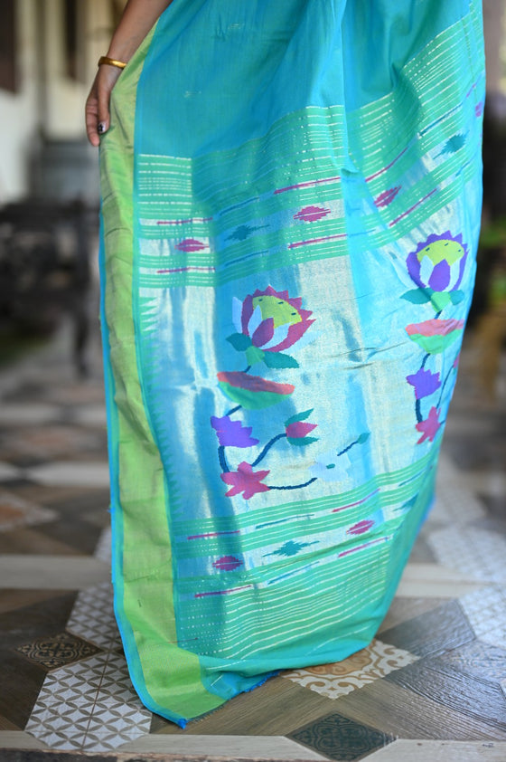 Rang Mahal ~ Handloom Pure Cotton Paithani in Turquoise Blue with Oldest Asawali Pallu