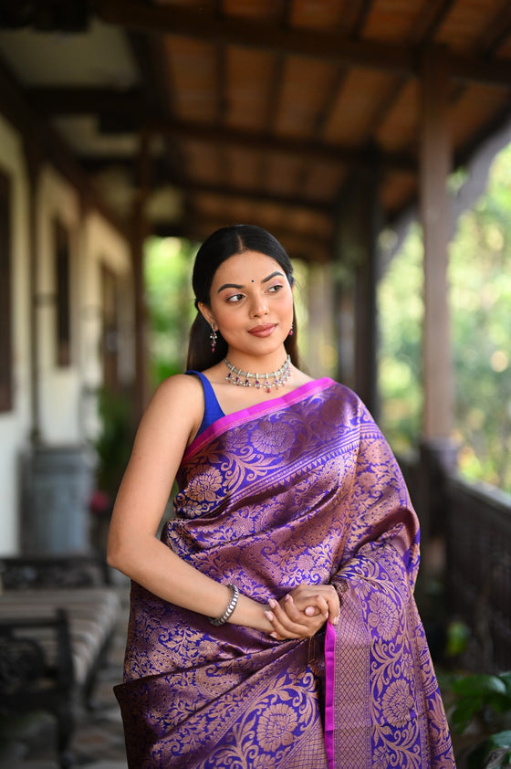 Rang Mahal ~ Brocade Gadwal Pure Silk Handloom Saree in Nightlife Purple (With Silk Mark)