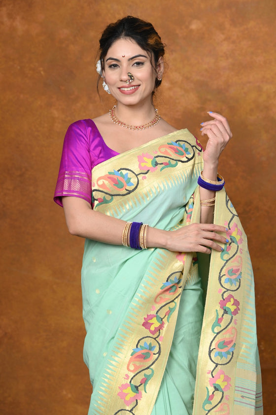 EXCLUSIVE! VMI Designed Handloom Pure Cotton Paithani With Traditional Handloom Border ~ Sea Green (2.5 months of weaving)