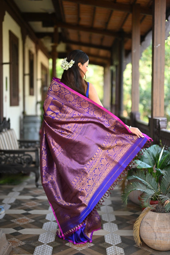 Rang Mahal ~ Brocade Gadwal Pure Silk Handloom Saree in Nightlife Purple (With Silk Mark)
