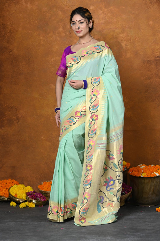 EXCLUSIVE! VMI Designed Handloom Pure Cotton Paithani With Traditional Handloom Border ~ Sea Green (2.5 months of weaving)