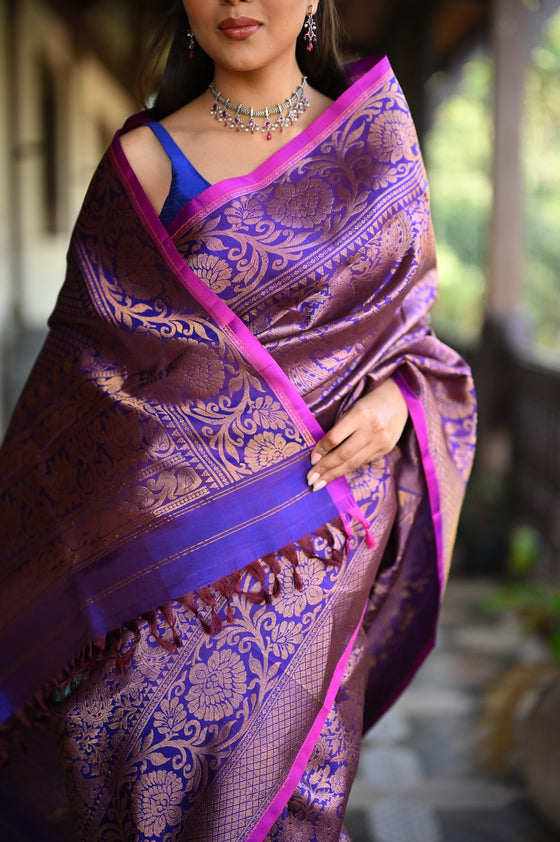 Rang Mahal ~ Brocade Gadwal Pure Silk Handloom Saree in Nightlife Purple (With Silk Mark)
