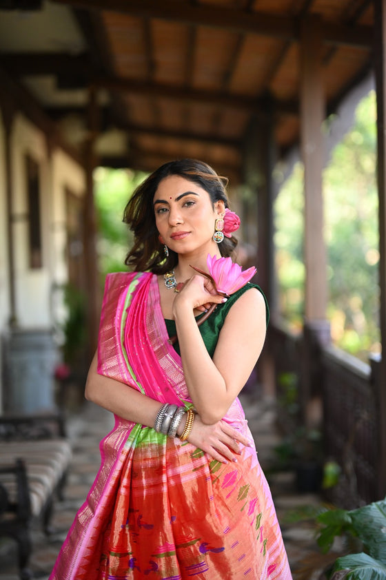 Rang Mahal Exclusive ~ Handloom Pure Silk Bandhani Paithani with Double Pallu in Light Pink (With Silk Mark)